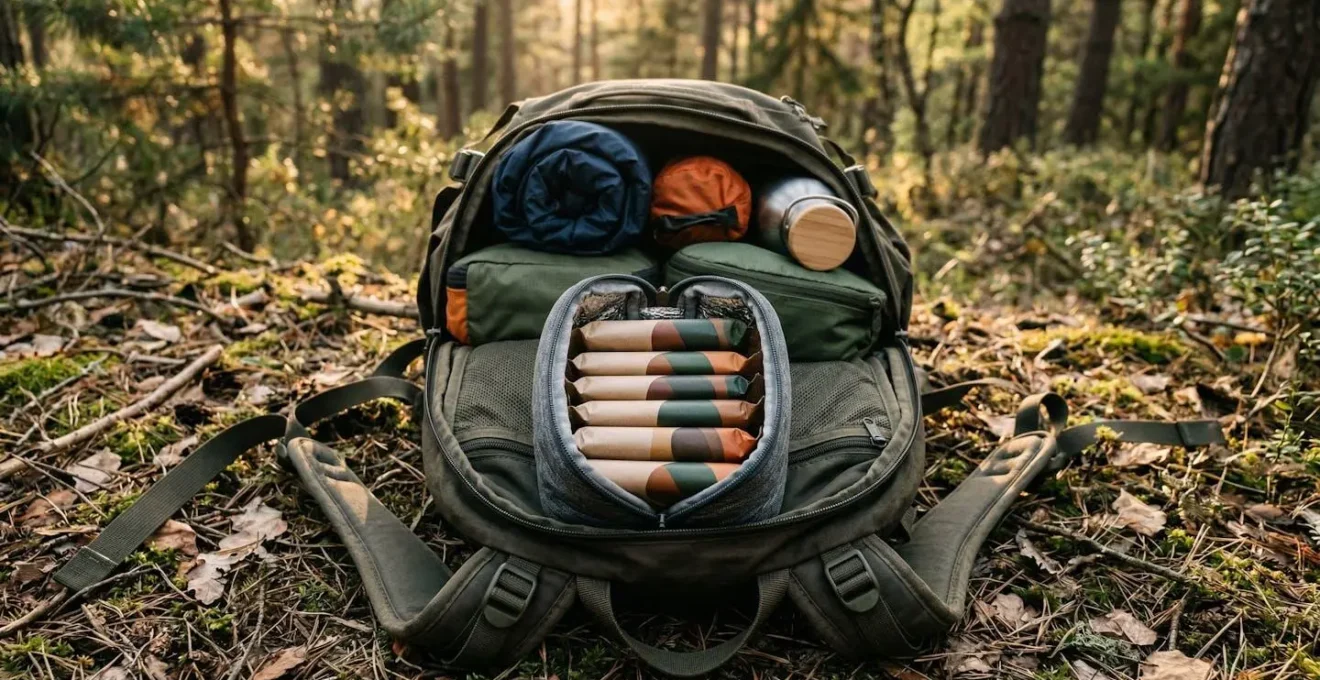 Sac à dos de randonnée ouvert montrant l'organisation optimale des snacks avec pochette isotherme