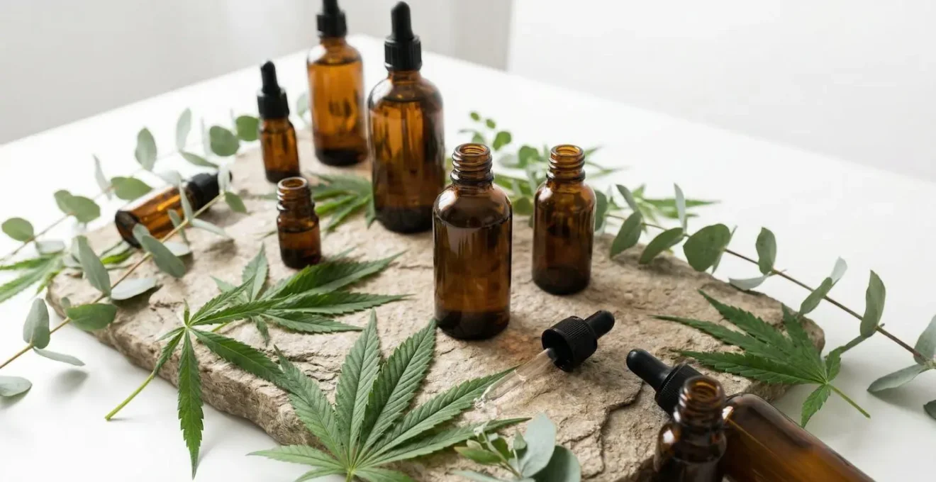 Collection de flacons ambrés de CBD dans un environnement spa minimaliste avec plantes vertes
