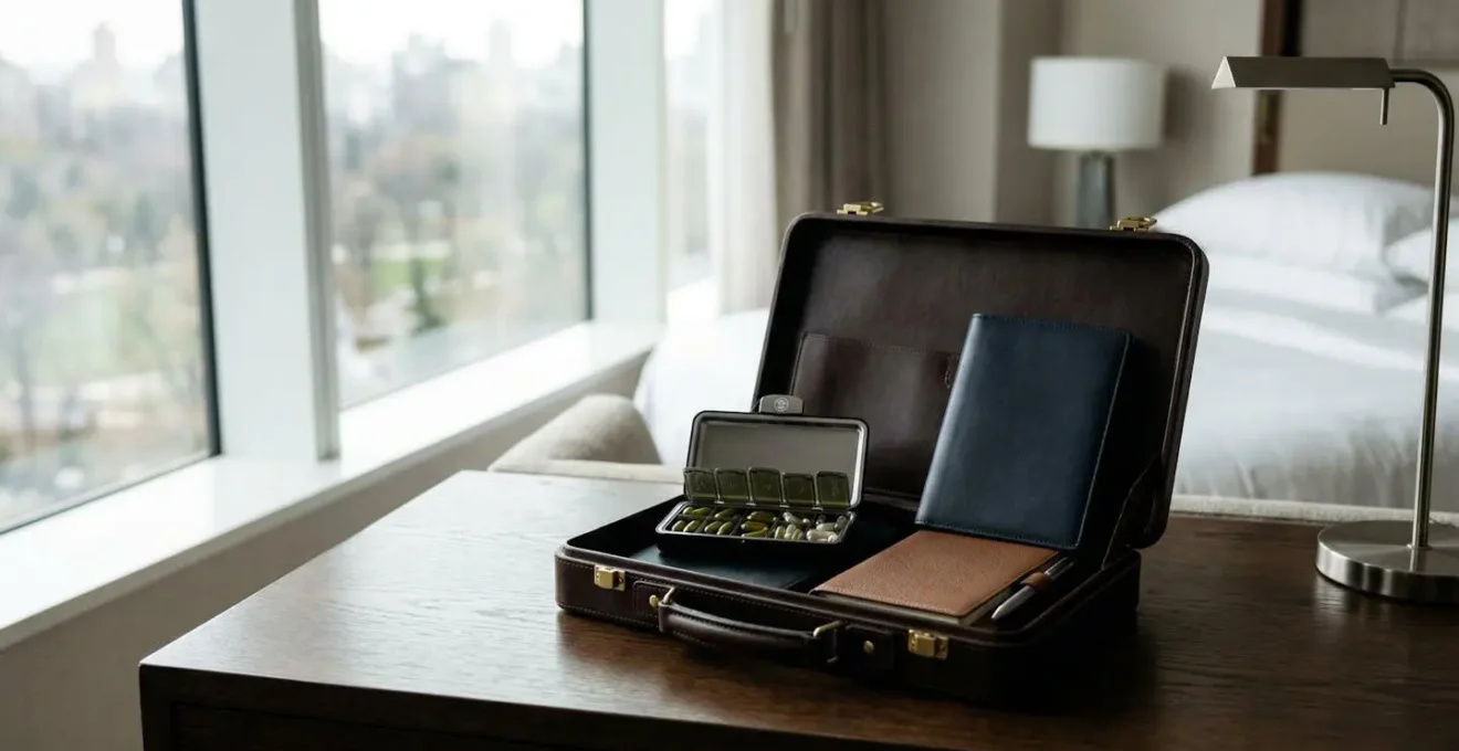 Gélules CBD dans un pilulier de voyage élégant sur fond de valise minimaliste