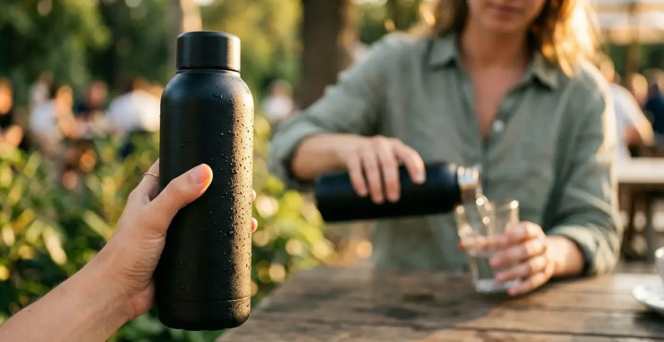 Gourde isotherme opaque contenant un smoothie au CBD posée sur une table en bois