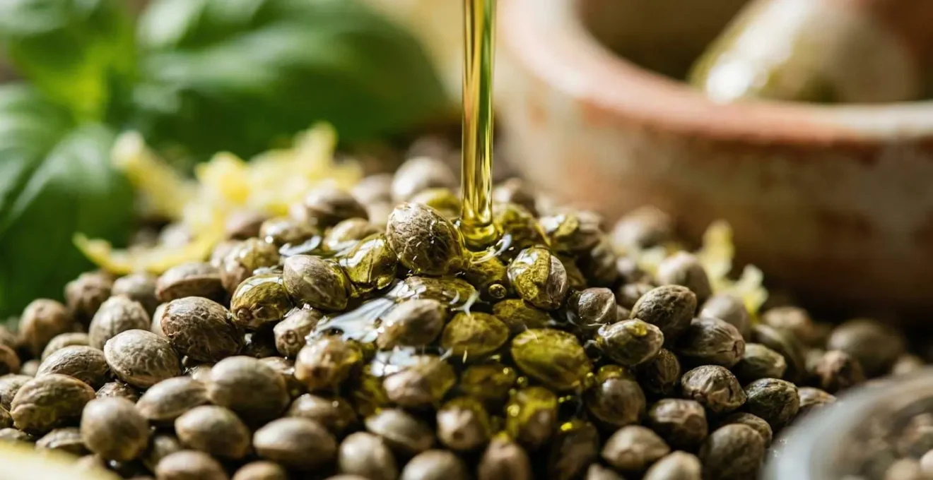 Préparation de graines de chanvre à froid avec pesto et huile d'olive