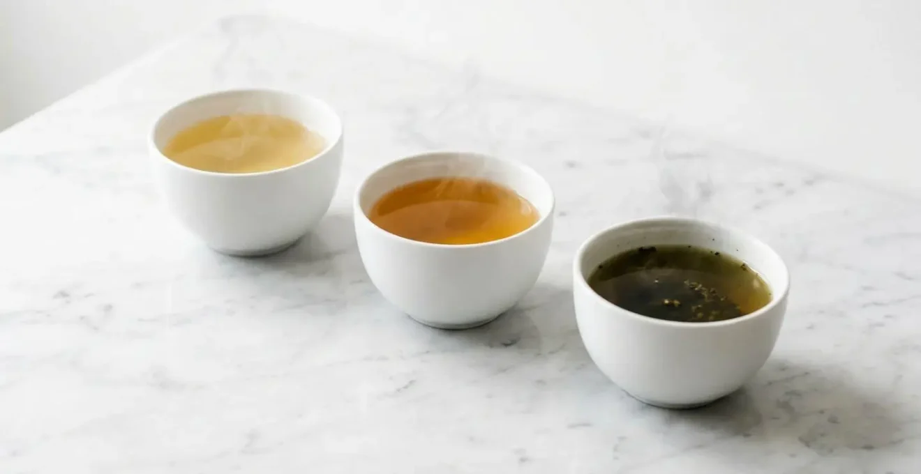 Évolution de la couleur d'une infusion CBD montrant trois tasses à différents temps d'infusion