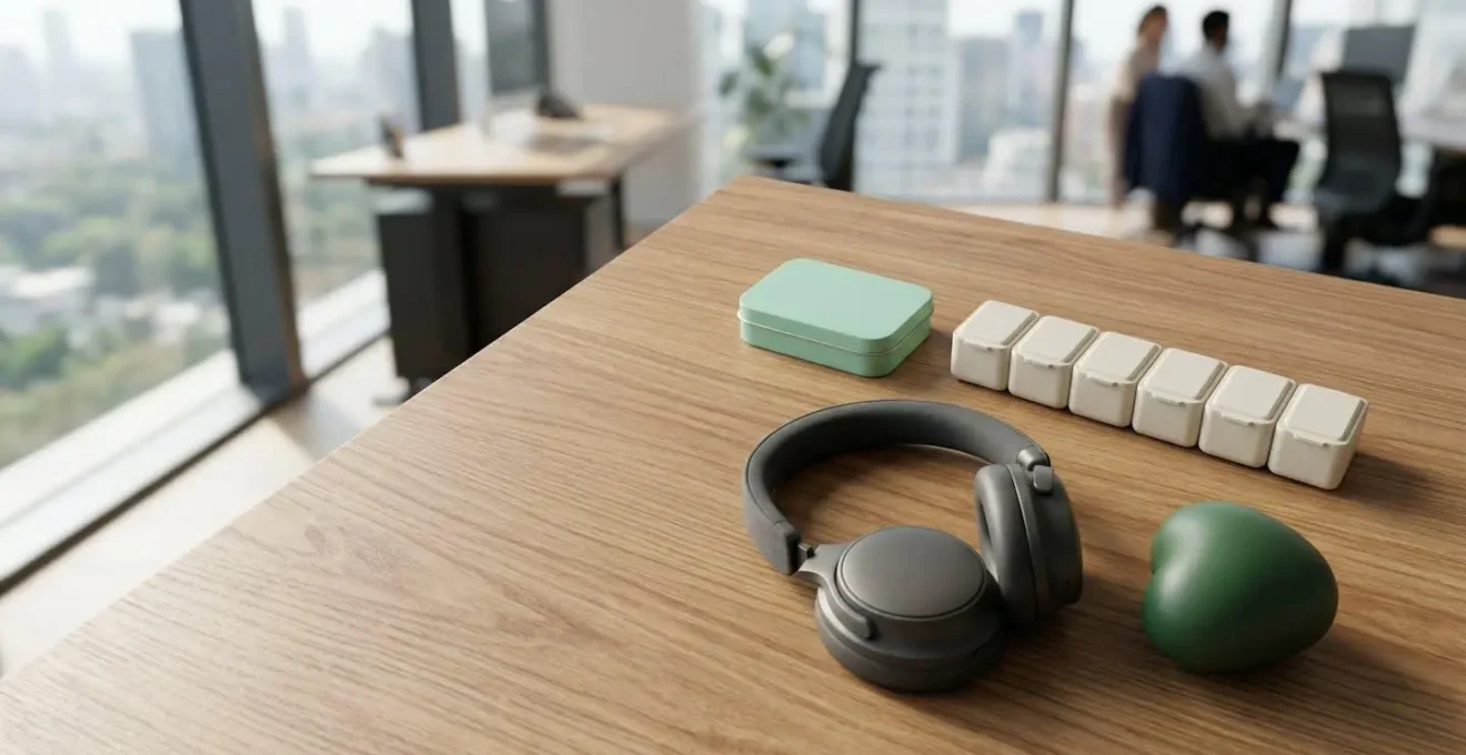 Espace de bureau minimaliste avec objets de bien-être disposés harmonieusement