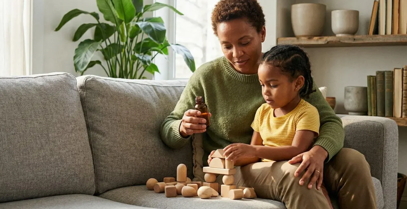 Moment de communication bienveillante entre parent et enfant dans un salon lumineux