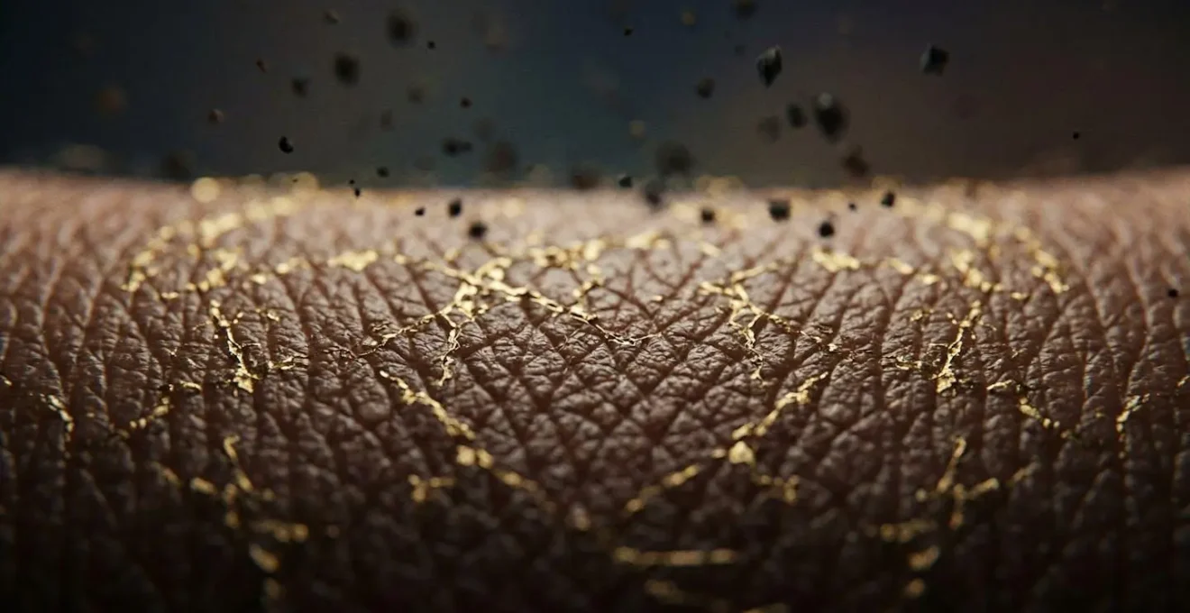 Vue macro de la surface de la peau exposée aux particules fines avec effet protecteur visible