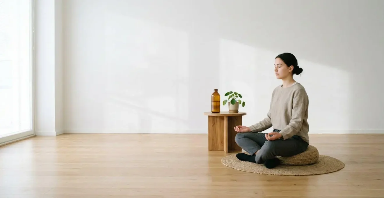 Moment de pause méditative avec CBD dans un espace épuré