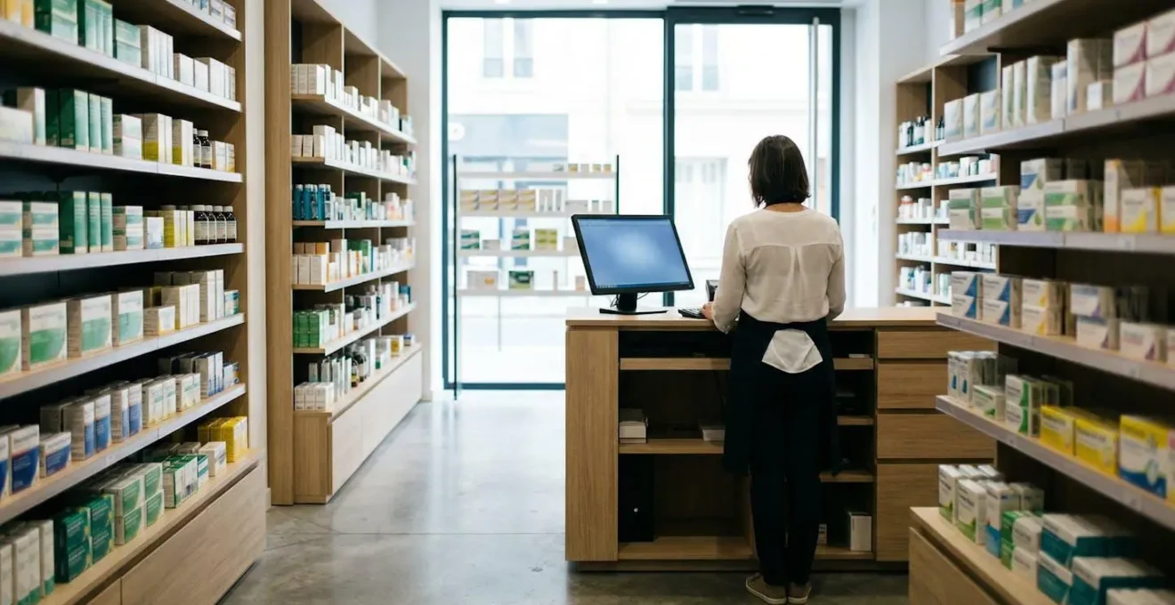 Pharmacien consultant son ordinateur pour vérifier les interactions médicamenteuses dans une officine française