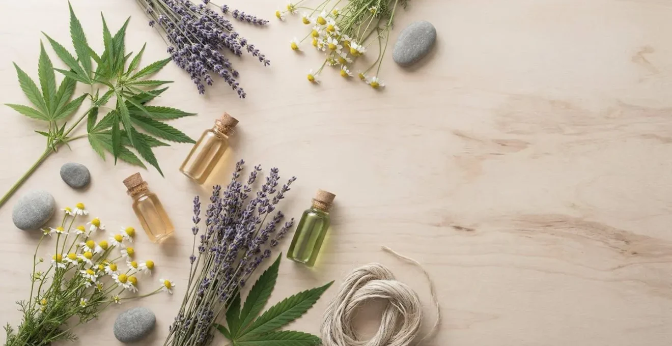 Composition botanique minimaliste représentant les soins naturels et l'approche holistique du bien-être intime féminin