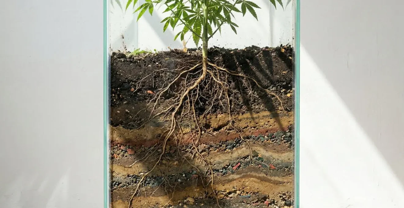 Système racinaire de chanvre dans sol avec particules colorées représentant les contaminants