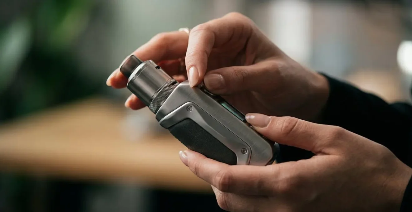 Main ajustant les paramètres d'une cigarette électronique moderne