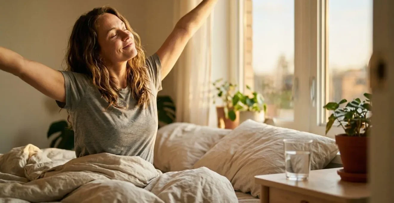 Personne s'étirant naturellement au réveil dans une chambre baignée de lumière matinale douce