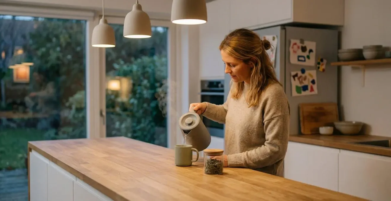 Parent créant un moment de pause avec une tisane au CBD dans une cuisine familiale