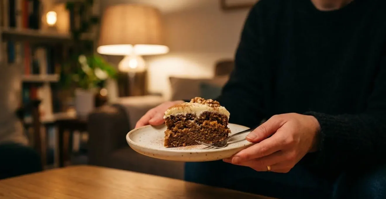 Tranche de gâteau au CBD sur assiette, ambiance tamisée du soir