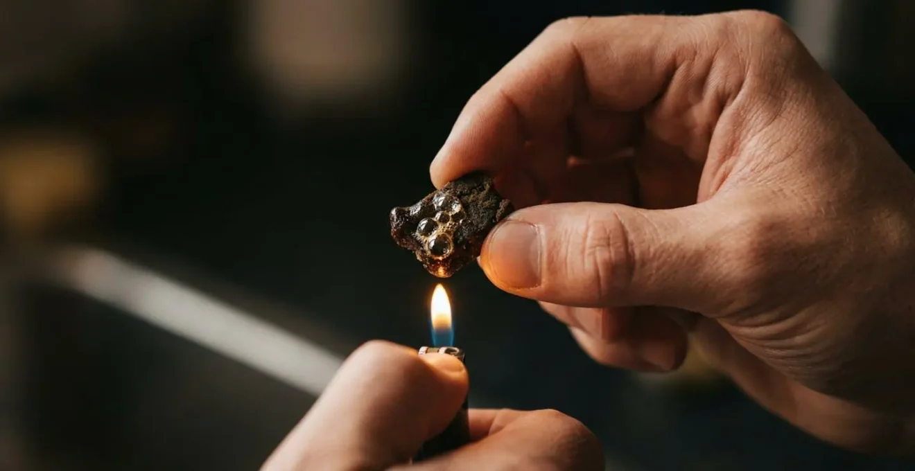 Main tenant un briquet sous un morceau de résine CBD produisant des bulles propres