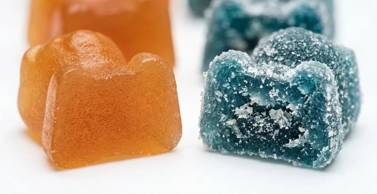 Test visuel de qualité des bonbons CBD avec texture et transparence