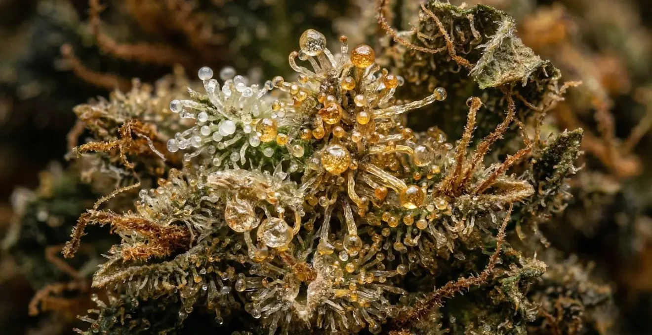 Vue macro détaillée de cristaux de cannabinoïdes sur une feuille de chanvre vieillie naturellement