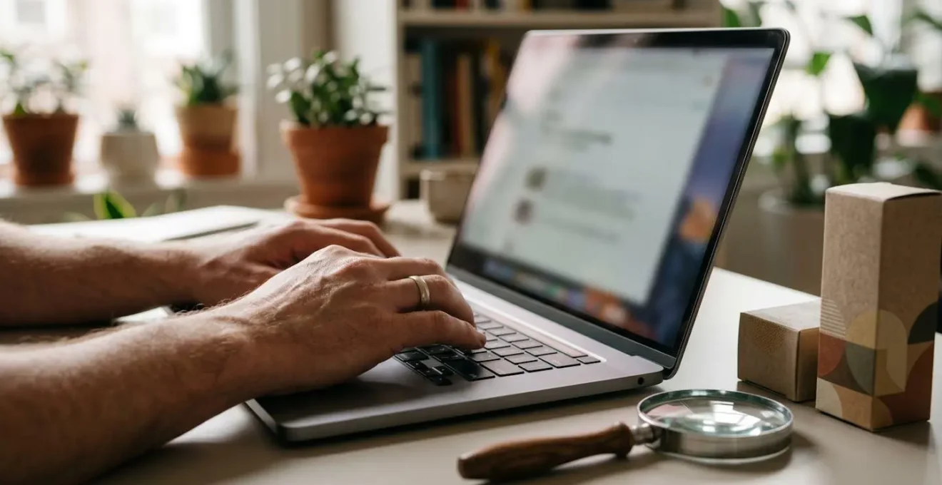 Mains sur clavier vérifiant la fiabilité d'une boutique CBD avec loupe symbolique