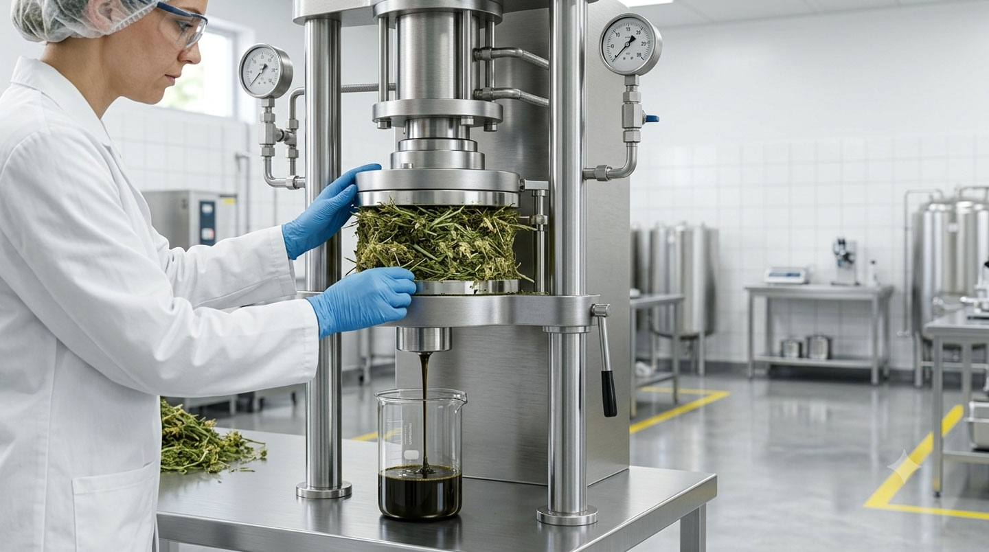 Mains d'un producteur actionnant une presse manuelle pour extraire du rosin CBD à partir de fleurs de chanvre, dans un atelier artisanal éclairé naturellement