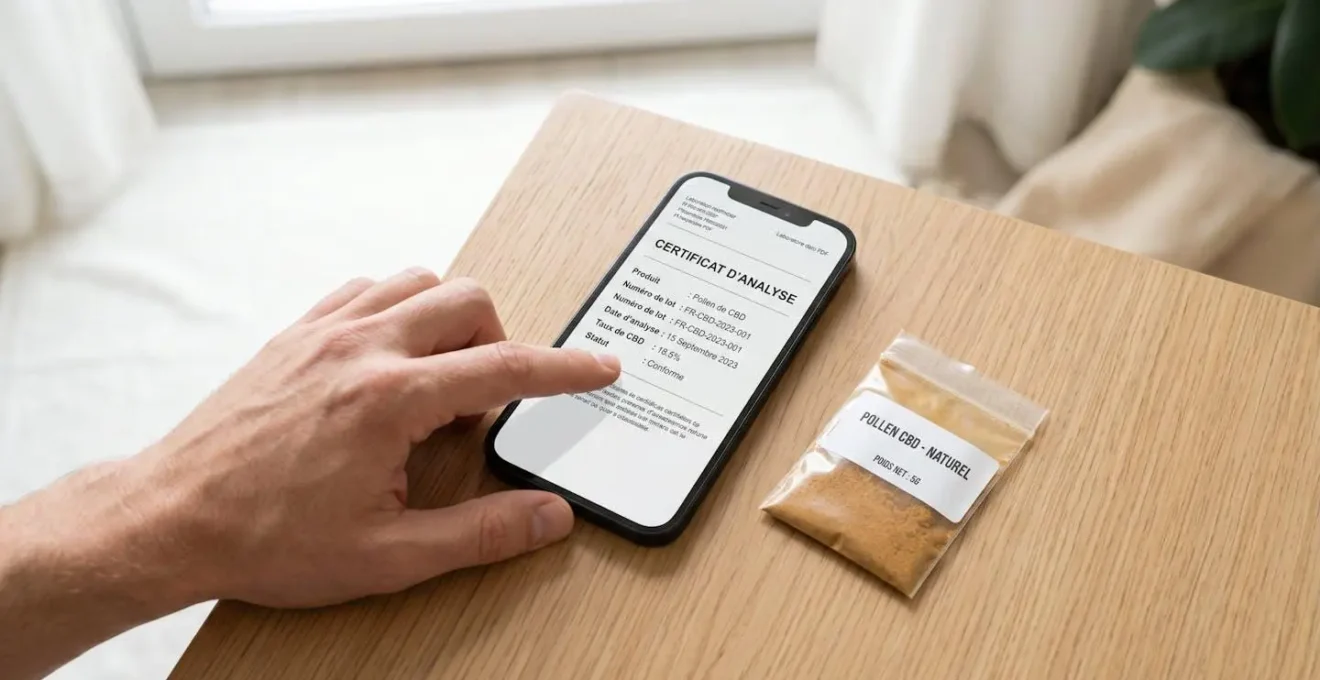 Main consultant un certificat laboratoire CBD affiché sur smartphone posé à côté d'un sachet de pollen CBD sur table en bois clair