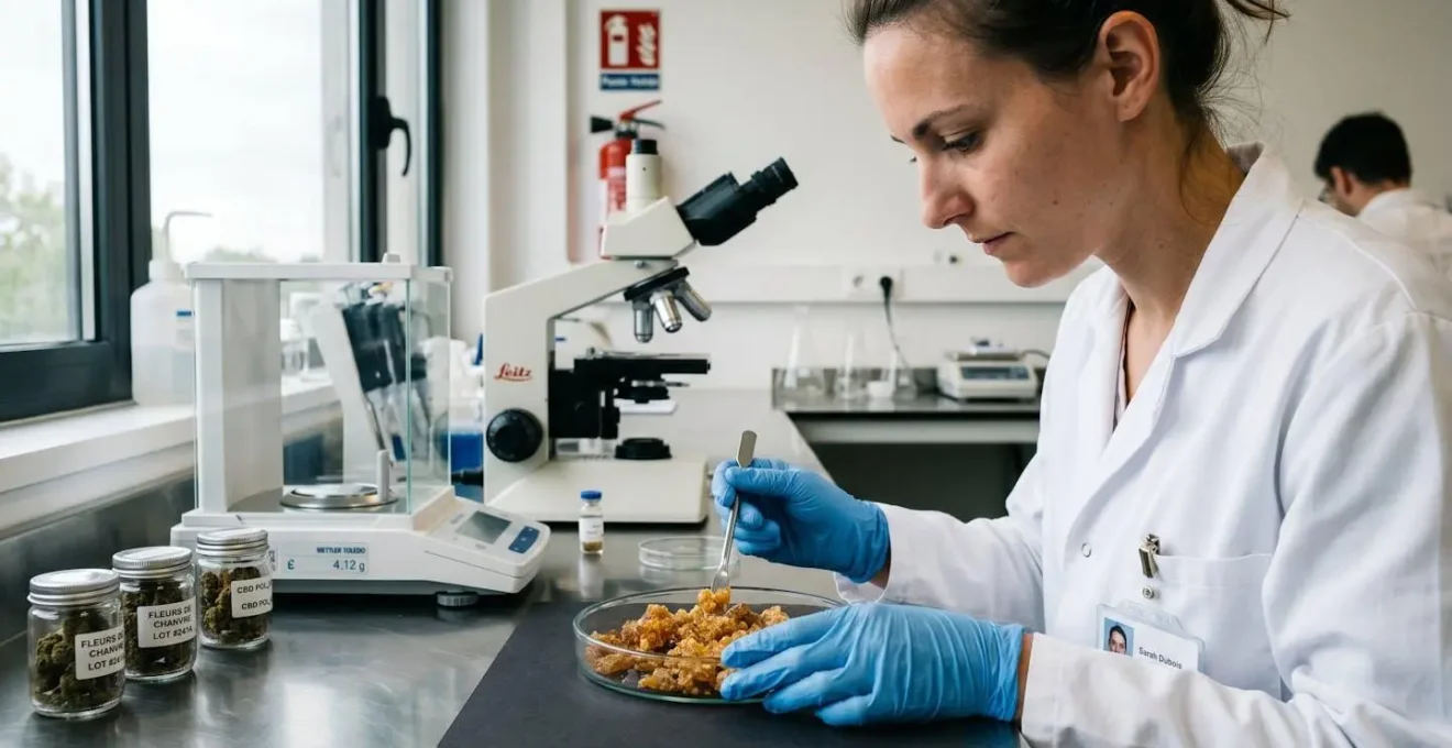 Main gantée de technicien examinant des cristaux de pollen CBD ambrés dans une coupelle en verre, avec équipement de laboratoire en arrière-plan