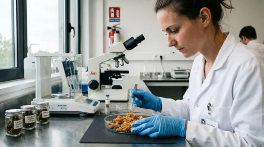 Main gantée de technicien examinant des cristaux de pollen CBD ambrés dans une coupelle en verre, avec équipement de laboratoire en arrière-plan