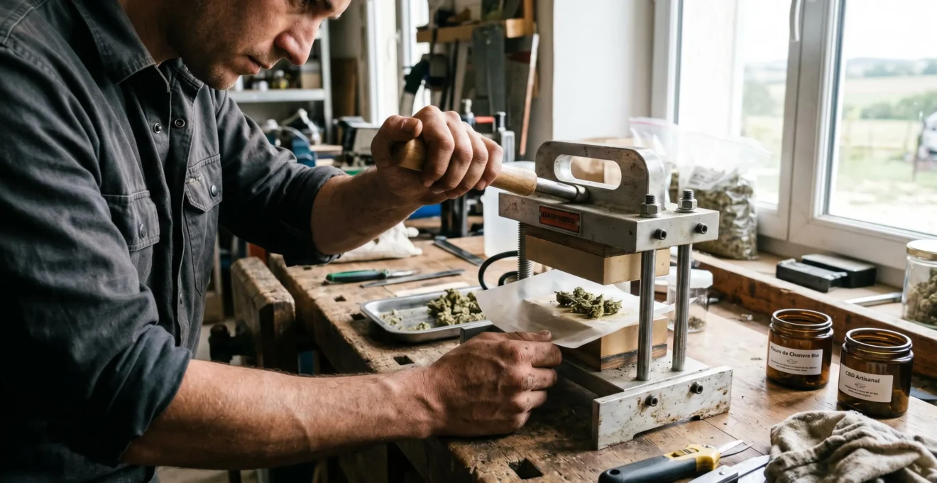 Mains d'un producteur actionnant une presse manuelle pour extraire du rosin CBD à partir de fleurs de chanvre, dans un atelier artisanal éclairé naturellement